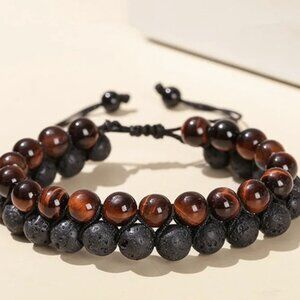 8mm Red Tiger's Eye & Black Lava Rock Natural Stone Beaded Braided Bracelet NEW